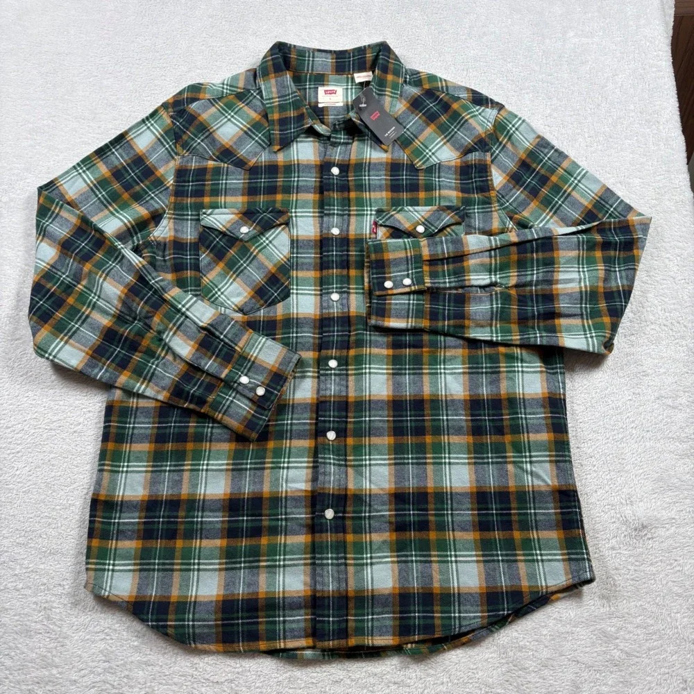 Levis Men Green Plaid The Western Standard Fit Cotton Flannel Shirt Pearl Snap L